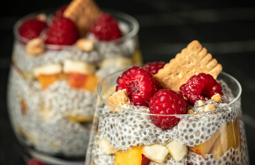 Chia pudding with peach and raspberry