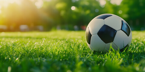 Bola de futebol em um campo de grama verde