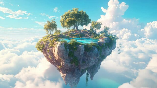 A Fantasy-inspired Floating Island with a Modern Twist, Overlooking a Scenic Blue Sky and Clouds Background - Generative Ai 4K Video