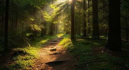 Fototapeta premium A peaceful hiking trail through a forest with sunlight filtering through the trees
