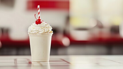 A milkshake topped with whipped cream and a cherry, served in a cup with a striped straw, sitting on a table in a bright, casual setting.
