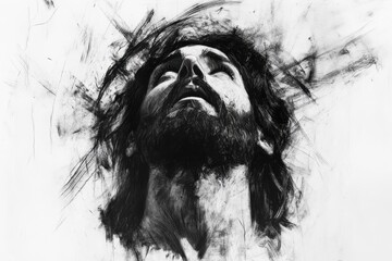 Expressive Charcoal Drawing of Jesus Christ Gazing Upwards in a Powerful and Emotional Artistic Composition
