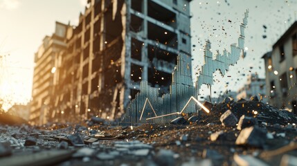 A destroyed cityscape with a rising graph made of rubble, representing resilience, rebuilding, or recovery after a disaster, symbolizing hope amid devastation. AI generated.