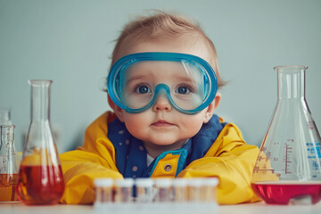 Mini scientist, a chubby-cheeked infant donning an enormous lab coat and safety goggles, sitting among beakers and test tubes.