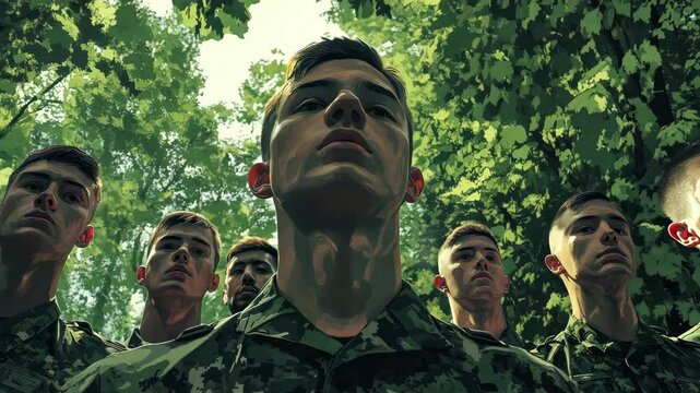 Generative AI of group of emotionless young soldiers in military uniform standing in a forest and looking at camera 4K Video