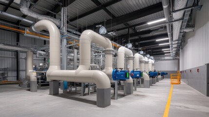 Industrial facility with large pipes and machinery for processing or transporting fluids.