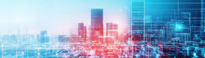 Fototapeta premium Architects designing a sustainable smart city on interactive holographic blueprints, symbolizing cooperative innovation futuristic tone Analogous Color Scheme