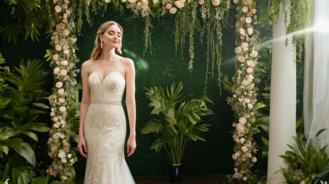 A woman in a white dress stands in front of a green archway. The archway is decorated with flowers and plants. The woman is wearing a strapless dress and is posing for the camera