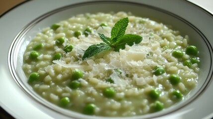 A vegetable risotto with asparagus and peas, topped with Parmesan cheese and fresh mint, served in an elegant bowl 