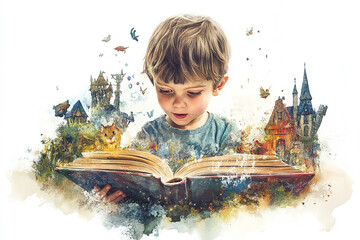 Watercolor children's illustration of amazed child reading fairy tales book with fantastic characters coming from it, imagination.