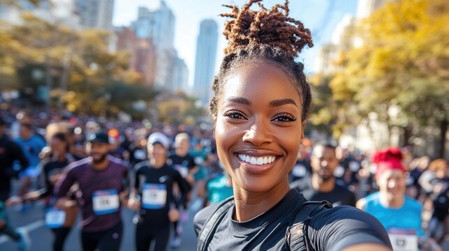 Smiling Runner Takes Selfie During Urban Marathon Event