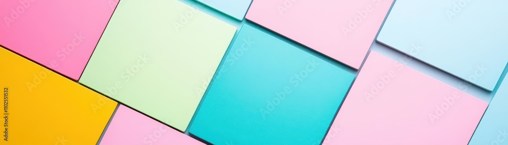 Poster bold geometric shapes overlapping in soft pastel tones, symmetrical layout, topdown angle, matte tex