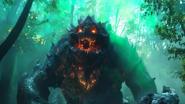 Create a high-angle view of monstrous creatures lurking in a mystical forest, vividly showcasing their menacing features and eerie surroundings in digital art 4K Video