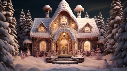 Fototapeta premium A surreal gingerbread house nestled in a snowy forest, exuding the sweet aroma of holiday delights on this magical Christmas night