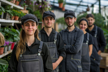 Team Photography of Portugal gardeners in a shop garden center work space.	
