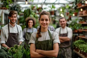 Team Photography of Belgium gardeners in a shop garden center work space.	
