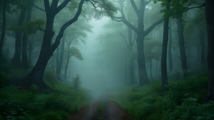 Obraz premium Mysterious Forest with Tall Trees and Fog