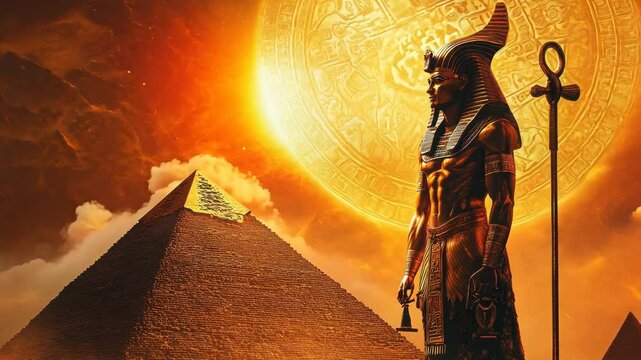 Ai Generated of Egyptian God Amun Ra, Ancient Egyptian Deity Ra with Pyramid 4K Video