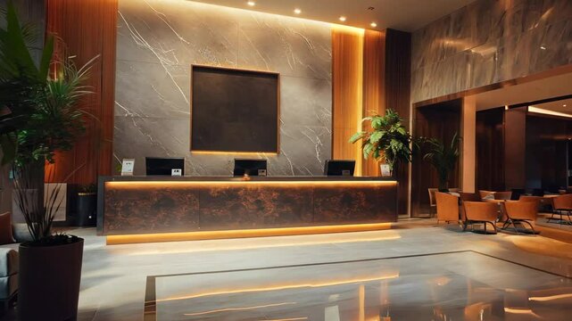 Hotel lobby with a welcome reception concierge desk, guest arrivals hall and checking in. Modern interior offers luxury accommodation services, ideal for tourists and business travelers 4K Video