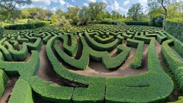 An immersive 360-degree panorama of an intricate hedge maze, with towering green walls and twisting pathways leading to 4K Video