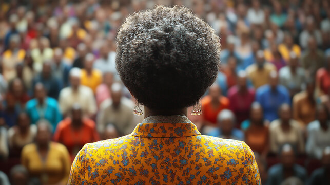 A rear view of an elegant African American woman in a yellow dress presenting at a conference in front of an audience highlights her leadership and the importance of representation