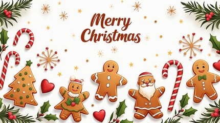 Christmas card with gingerbread cookies and festive decorations