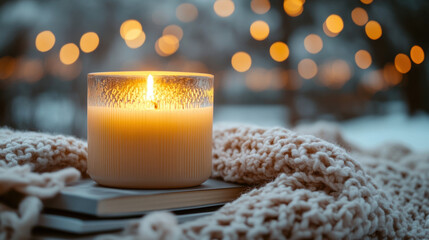 Candle Aroma therapy. A warm candle glows softly against a backdrop of twinkling lights, nestled atop a cozy blanket and books, creating a serene atmosphere.
