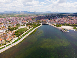 Drone view of Beysehir, Konya Province, Akdeniz region of Turkey. Town on southeastern shore of Lake Beysehir.