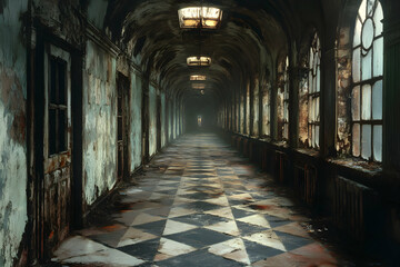 Fototapeta premium Decaying Hallway, A Dark, Atmospheric Illustration of an Abandoned Building's Interior