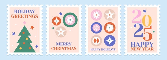 Set of Christmas post card poster illustrations. Winter holiday postage collection. Trendy geometric style vector posters.