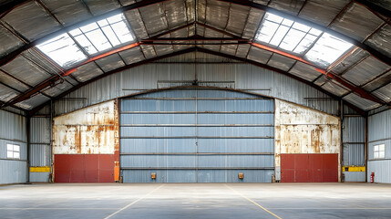 Fototapeta premium Vast Industrial Hangar, Rusty Walls, Metal Doors, and Skylights Illuminate a Spacious Interior.