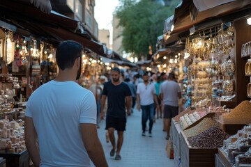 A man strolls through a lively bazaar brimming with vibrant displays, vividly illustrating the essence of a marketplace filled with scents, sights, and sounds.