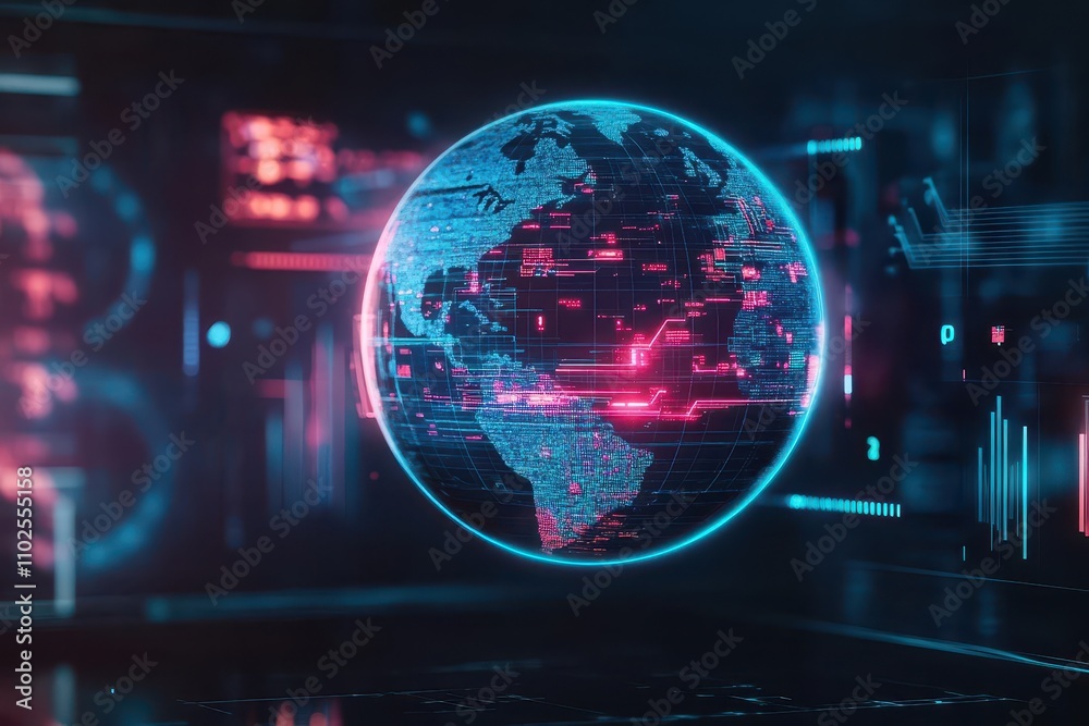 Poster floating holographic globe displaying global data analytics, corporate setting, glowing neon interfa