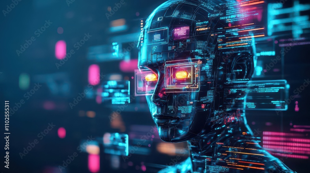 Poster futuristic ai humanoid with metallic skin and glowing eyes, surrounded by floating holographic data,