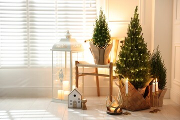 Small spruce trees with Christmas lights and other decor indoors