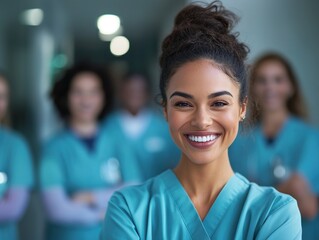Smiling Medical Team Highlighting Female Healthcare Professional