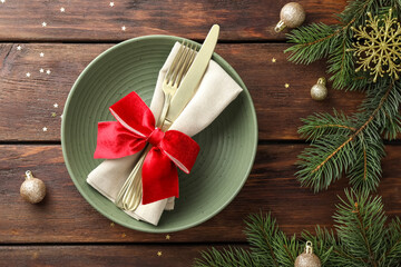 Christmas setting and festive decor on wooden table, flat lay