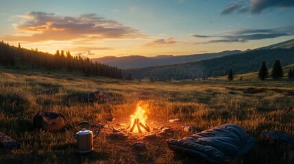 Sunset over a meadow, a campfire with rustic camping gear, kettle, and sleeping bag, surrounded by grassy hills and colorful sky.
