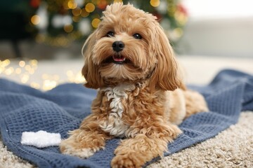 Cute Maltipoo dog with decorative snowflake on rug at home