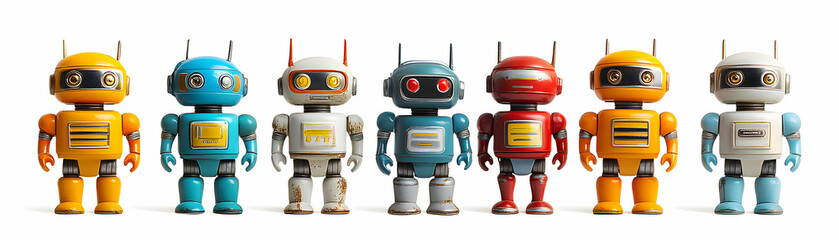 Fototapeta premium Retro Robot Collection, A Row of Vintage Bots Standing Together in a Colorful Display
