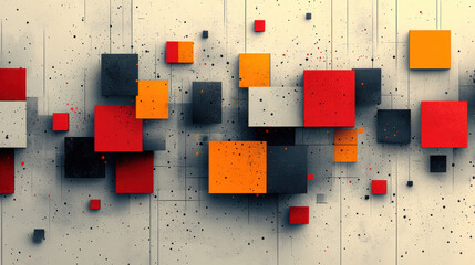Minimalistic design featuring geometric shapes in red, orange, black, and gray. artwork creates dynamic visual impact with its bold color contrasts and structured layout