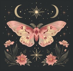 Moth, butterfly in vintage style on a background of flowers. On dark background. Romantic and mystical atmosphere.  