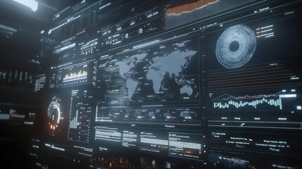 Obraz premium Futuristic data dashboard displaying global statistics and analytics.
