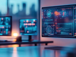 Office with sleek holographic screens and AI assistants, modern design, soft ambient lighting, wideangle lens