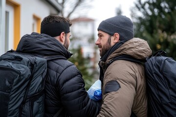 Fototapeta premium Two men wearing warm jackets engage in a friendly conversation outdoors, highlighting camaraderie and connection during a chilly winter day.