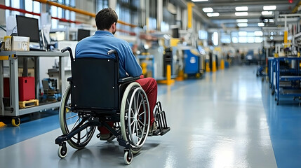 Obraz premium Factory Floor, Person in Wheelchair Navigates Industrial Setting