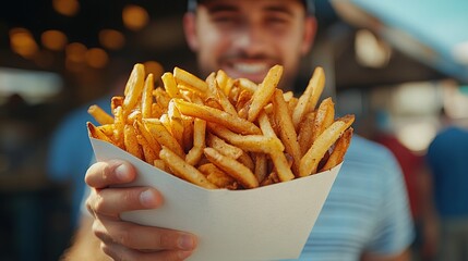Man Smiling Joyfully While Holding Delicious French Fries Outdoors