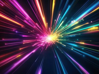 Naklejka premium Pulsating beams of light radiating from a central vortex, dynamic composition, vibrant spectrum, dark backdrop