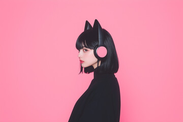 猫耳ヘッドフォンで音楽を聴く若い女性