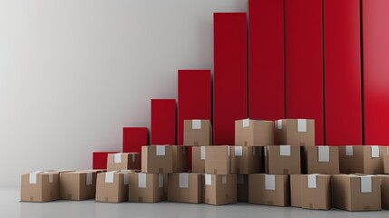 A creative arrangement of red and brown cardboard boxes mimicking a bar chart, symbolizing growth or success. Set against a neutral backdrop, this composition blends simplicity and business concepts